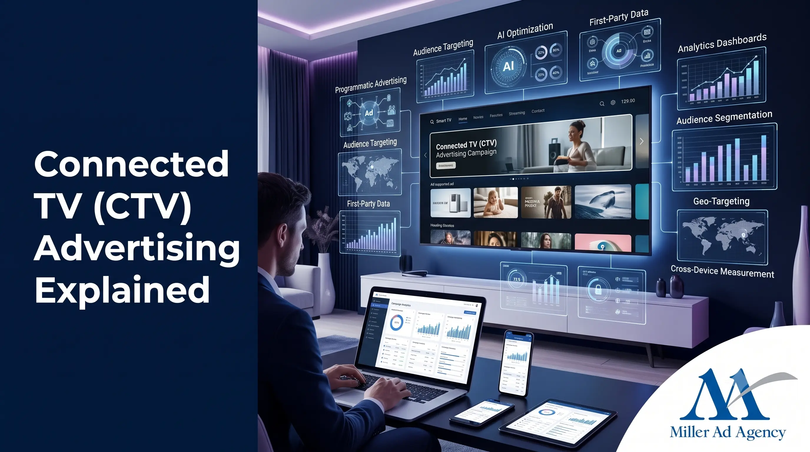 Marketer analyzing Connected TV (CTV) advertising campaign performance and cross-device analytics.